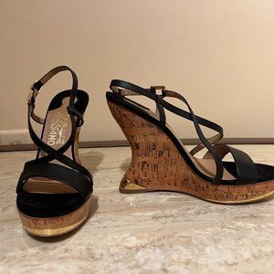 Salvatore Ferragamo Black Leather Strappy Cork Wedge Heel Shoes SZ 6.5B
